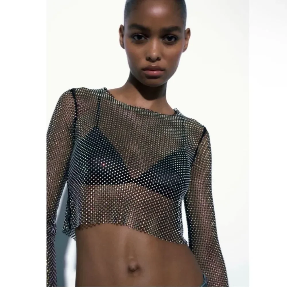 Zara SHIMMER MESH CROP TOP Black 2712/316/186/009